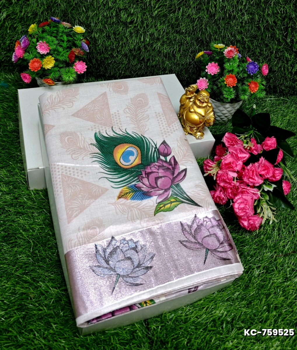 TRENDING KERALA SPECIAL FULL WORK EMBOSSED DIGITAL PRINTING TISSUE SAREE COLLECTIONS - WHITE (8)
