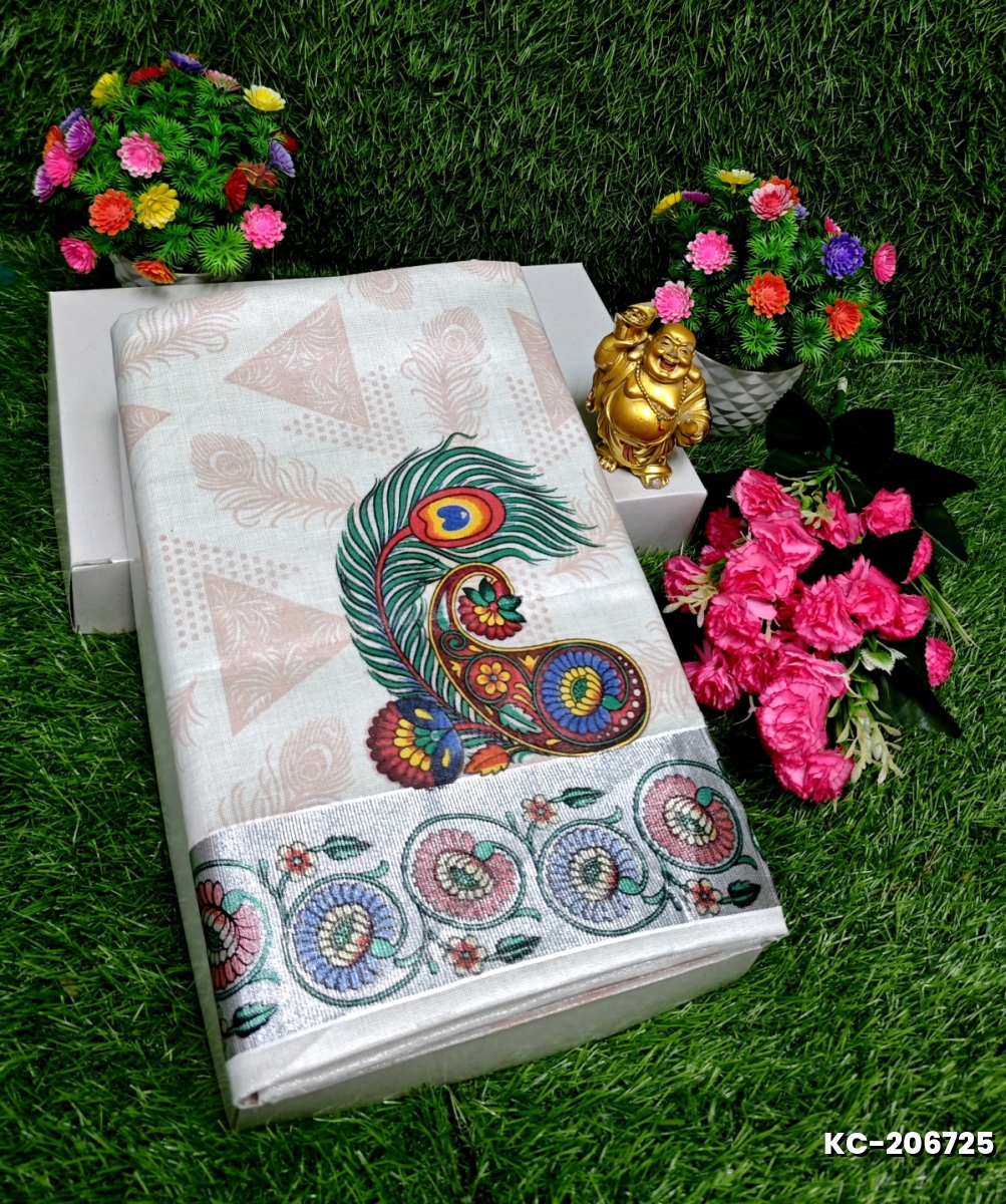 TRENDING KERALA SPECIAL FULL WORK EMBOSSED DIGITAL PRINTING TISSUE SAREE COLLECTIONS - WHITE (9)