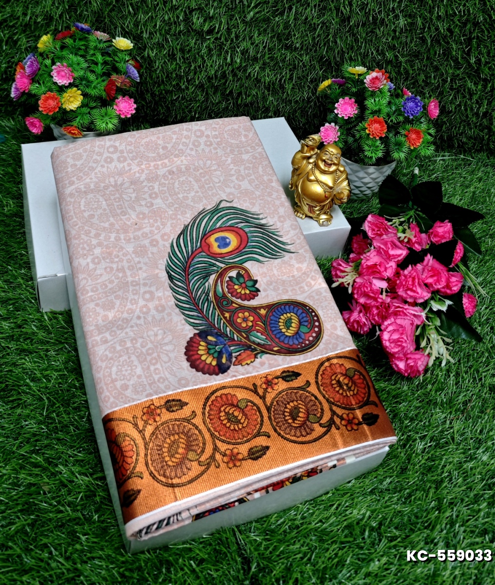 TRENDING KERALA SPECIAL FULL WORK EMBOSSED DIGITAL PRINTING TISSUE SAREE COLLECTIONS - CREAM (4)
