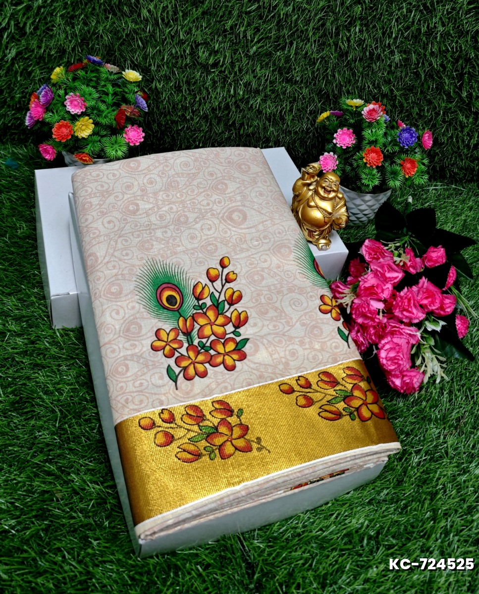 TRENDING KERALA SPECIAL FULL WORK EMBOSSED DIGITAL PRINTING TISSUE SAREE COLLECTIONS - WHITE (11)