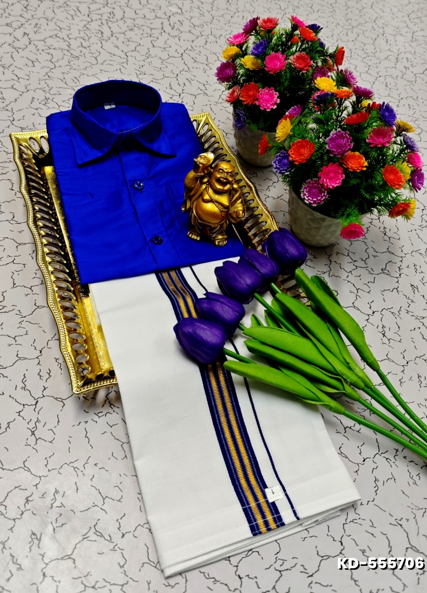 SHIRTS & DHOTIS COMBO FOR MENS ADJUSTABLE DHOTIS WITH COLOUR MATCHING BORDER BEST CHOICE FOR BOYS - ROYAL BLUE