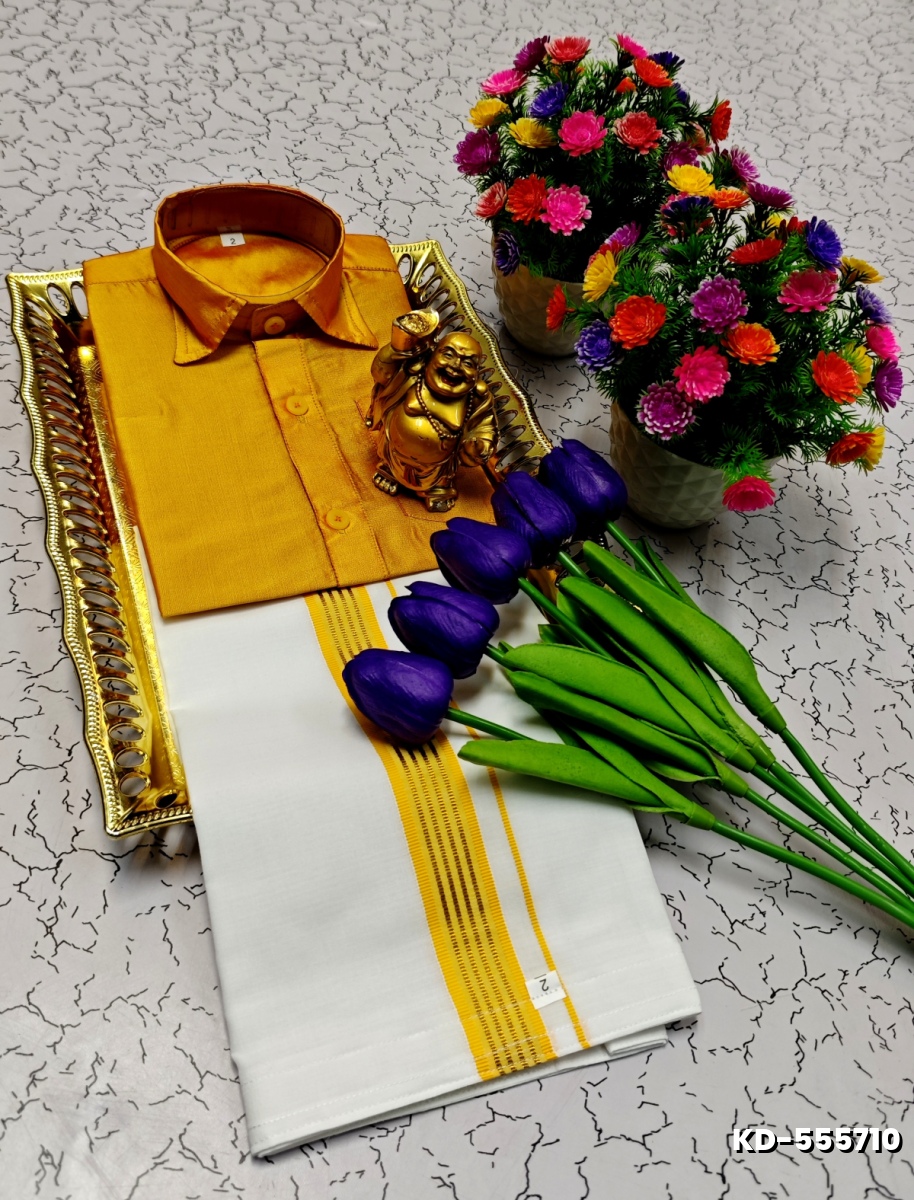 SHIRTS & DHOTIS COMBO FOR MENS ADJUSTABLE DHOTIS WITH COLOUR MATCHING BORDER BEST CHOICE FOR BOYS - YELLOW