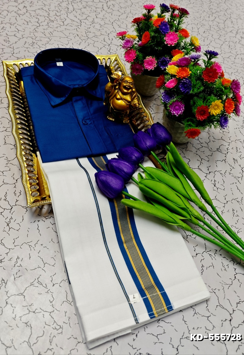 SHIRTS & DHOTIS COMBO FOR MENS ADJUSTABLE DHOTIS WITH COLOUR MATCHING BORDER BEST CHOICE FOR BOYS - BULE