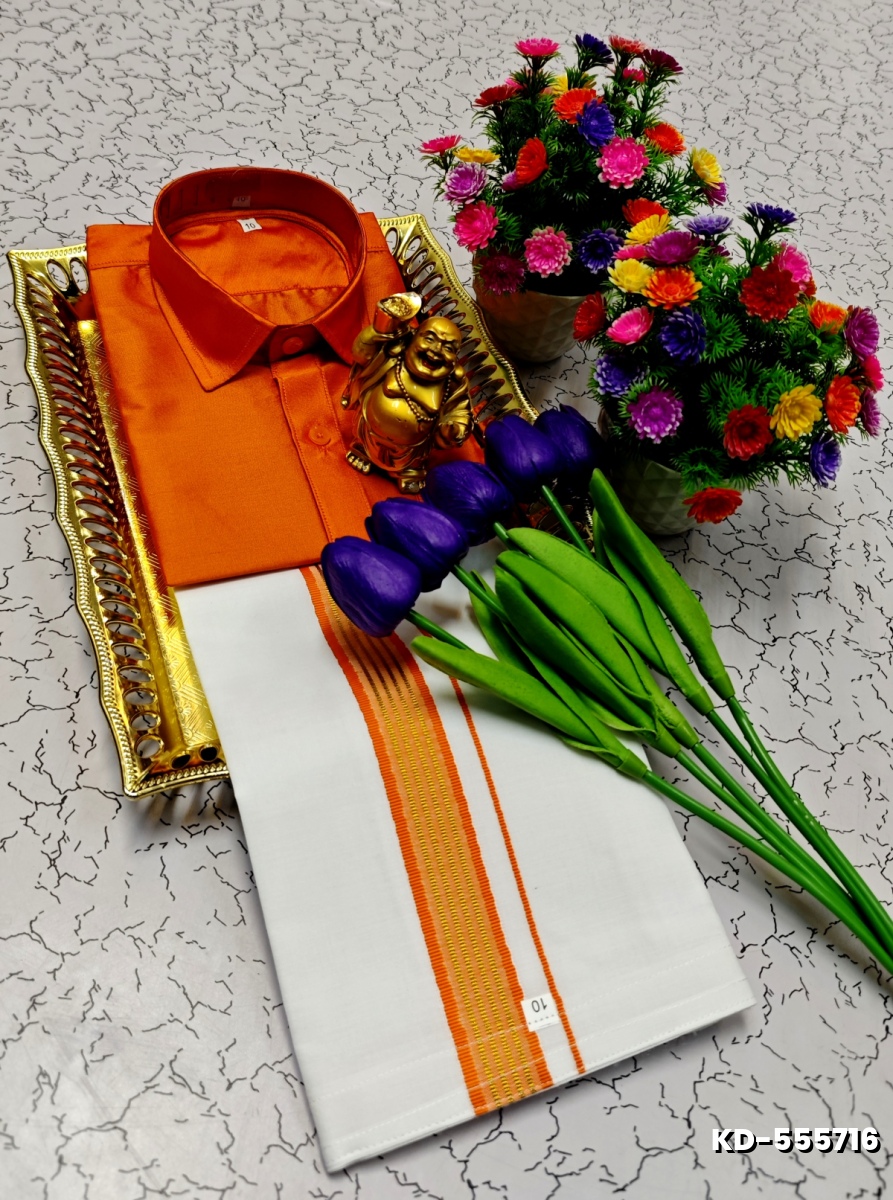 SHIRTS & DHOTIS COMBO FOR MENS ADJUSTABLE DHOTIS WITH COLOUR MATCHING BORDER BEST CHOICE FOR BOYS - ORANGE