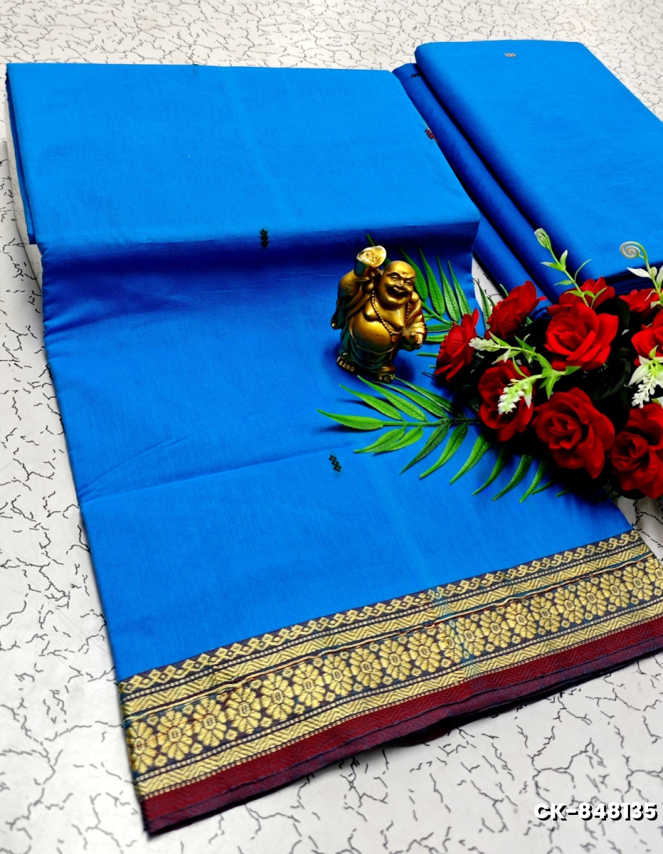 PURE COTTON JARI BORDER SAREES SUMMER SPECIAL COLLECTION - DARK SKY BLUE