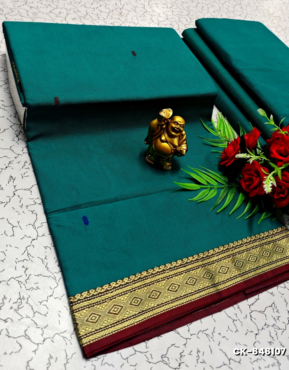 PURE COTTON JARI BORDER SAREES SUMMER SPECIAL COLLECTION - TEAL COLOUR