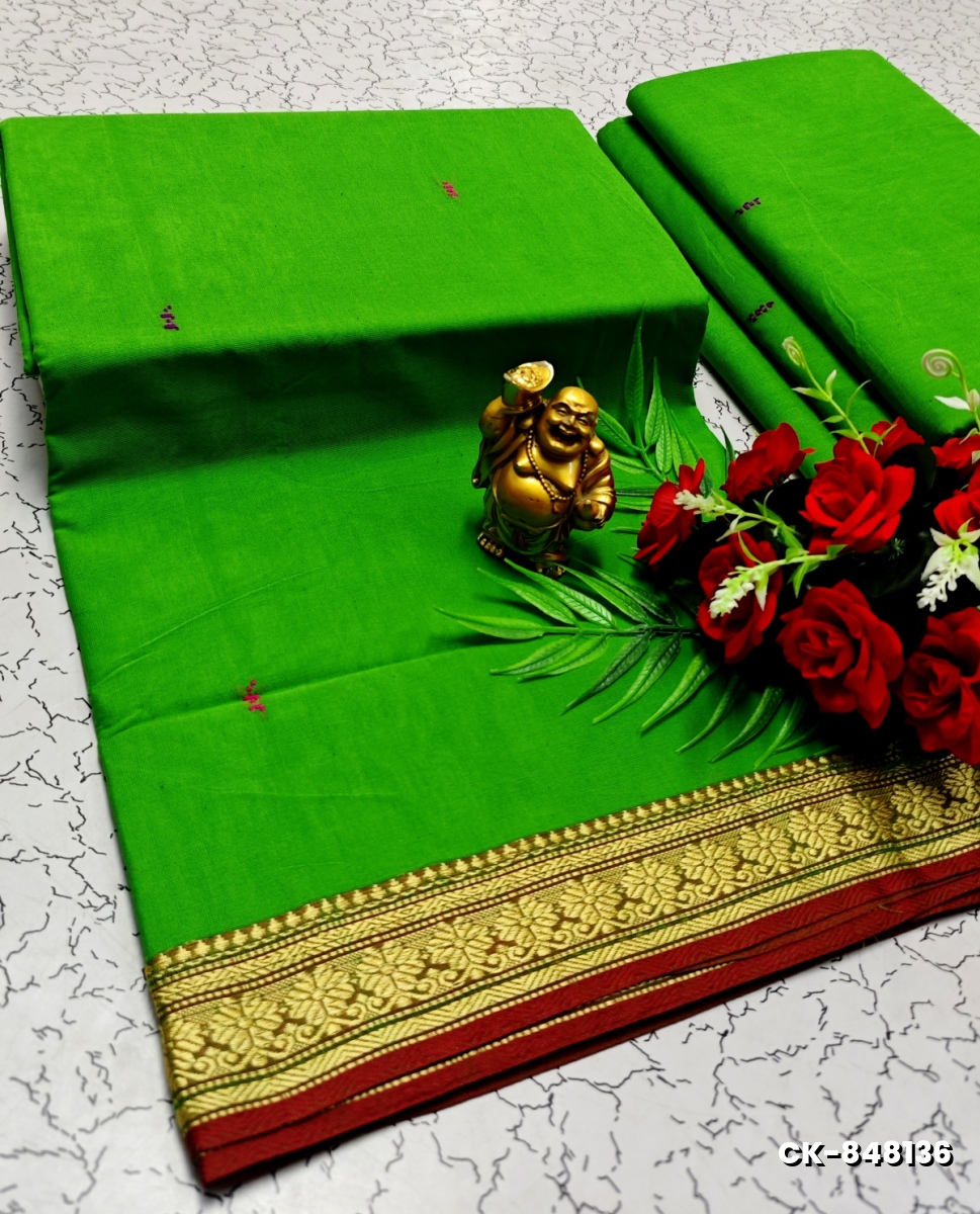 PURE COTTON JARI BORDER SAREES SUMMER SPECIAL COLLECTION - BOTTLE GREEN