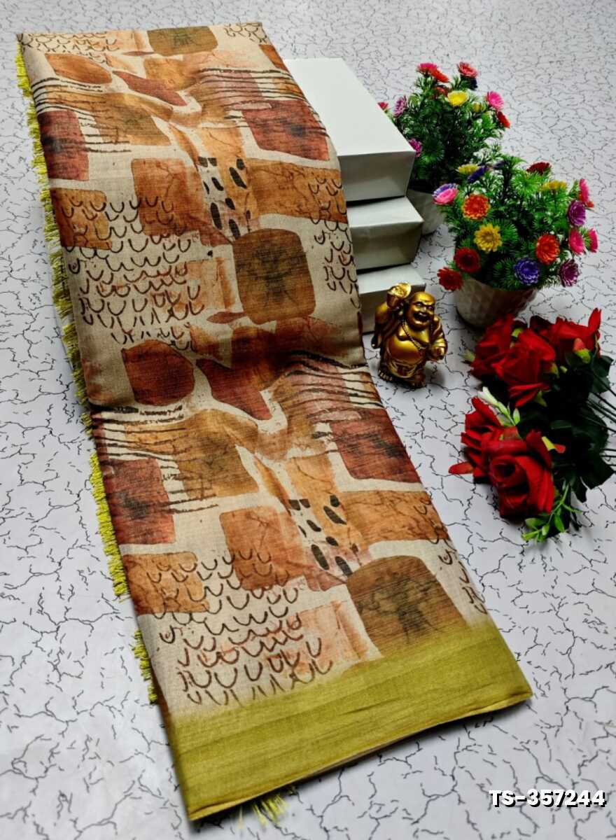 DIGITAL PRINTING LINEN TISSUE COTTON TRENDING SAREES - LIGHT YELLOW