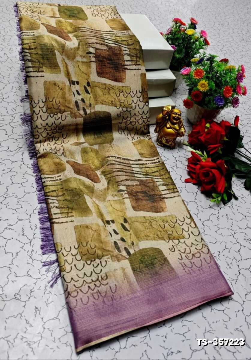 DIGITAL PRINTING LINEN TISSUE COTTON TRENDING SAREES - LIGHT SANDLE