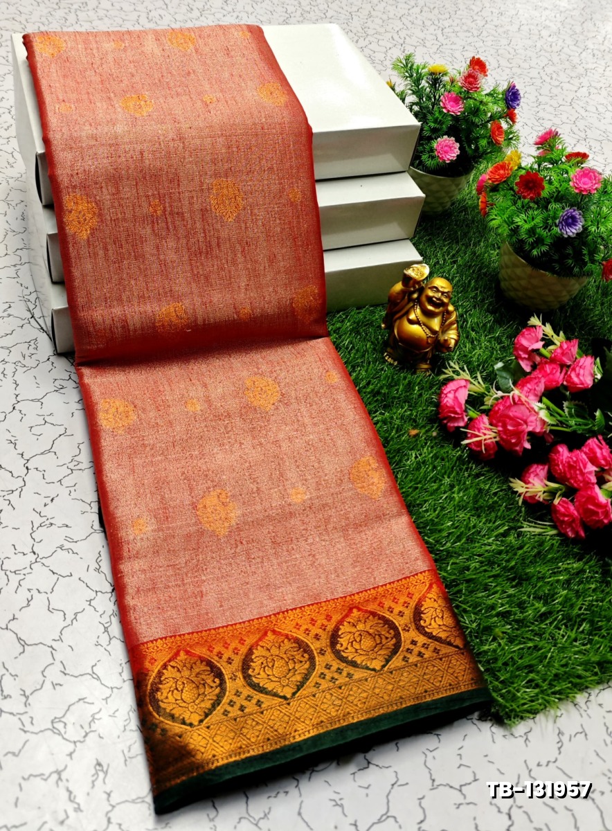 KANCHIPURAM TISSUE TRENDING DESIGN FANCY DHARMAVARAM SILK SAREES - LIGHT ORANGE