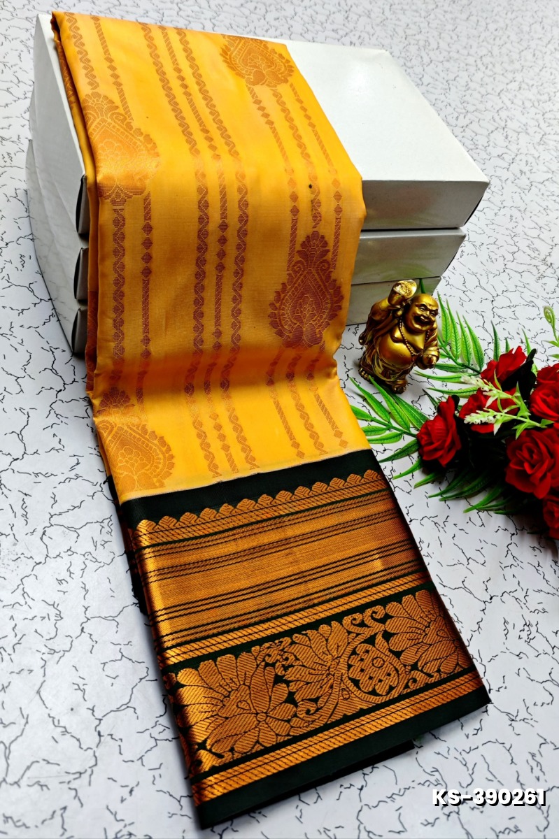 TRENDING FANCY ALL SELF SOFT SILK SAREES WITH KOTTANCHI BORDER - YELLOW COLOR
