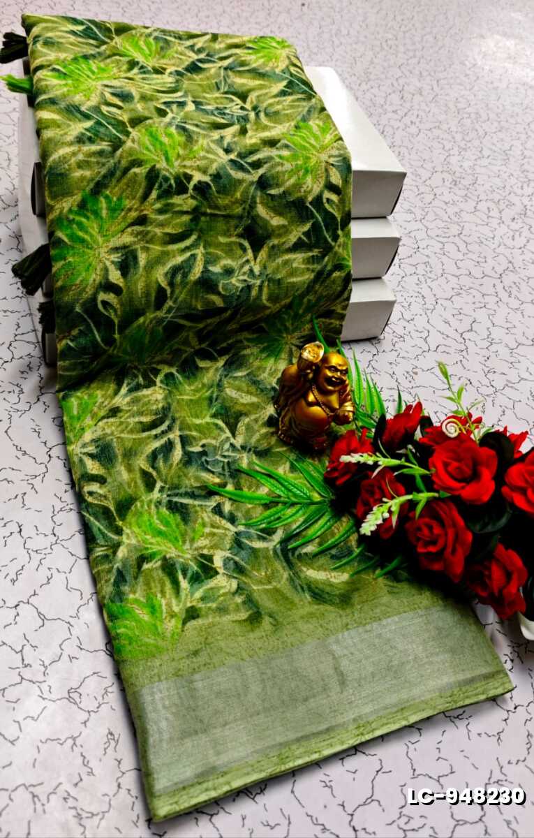 DIGITAL PRINTING LINEN COTTON SAREES - PESTA GREEN
