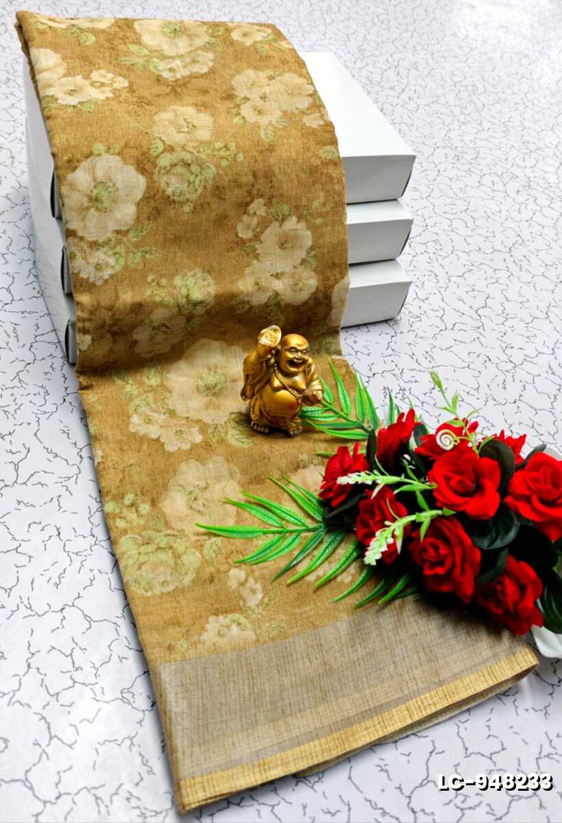 DIGITAL PRINTING LINEN COTTON SAREES - CREAM