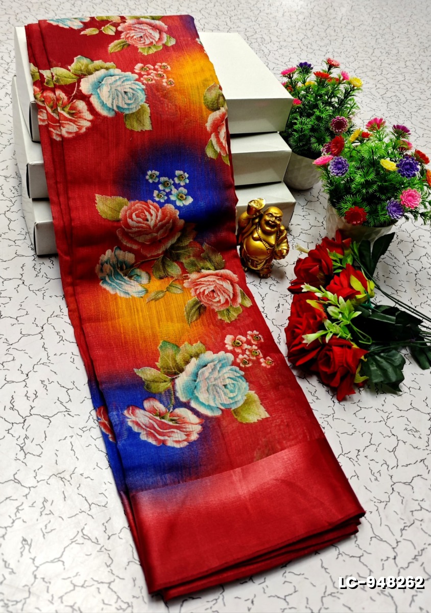 DIGITAL PRINTING LINEN COTTON SAREES - MAROON COLOR