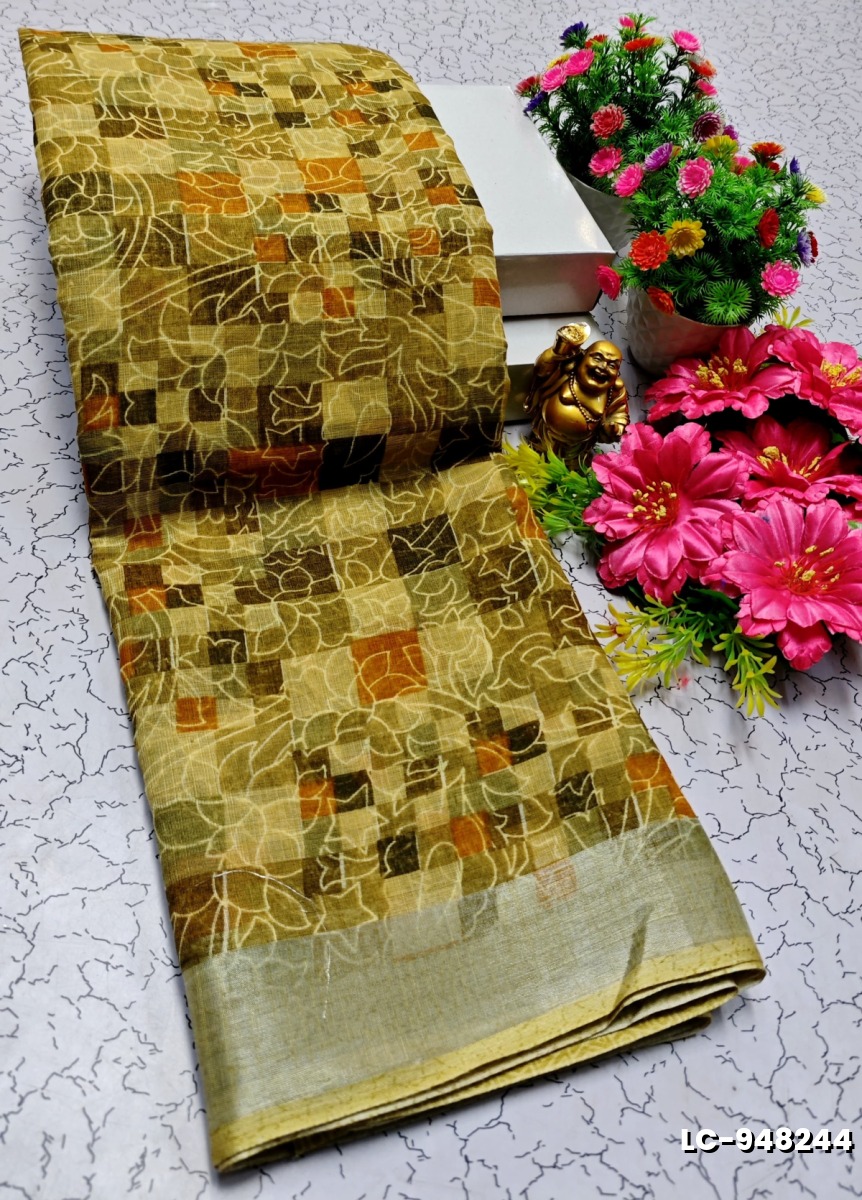 DIGITAL PRINTING LINEN COTTON SAREES - LIGHT YELLOW