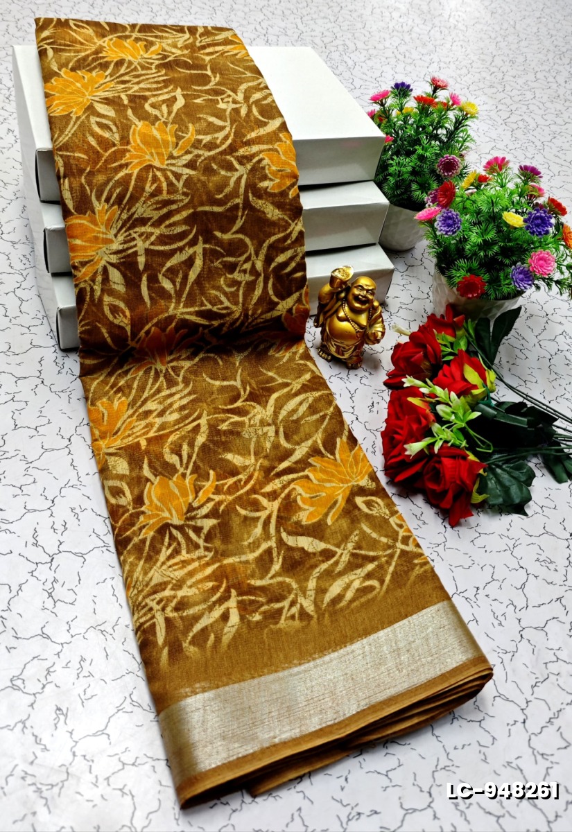 DIGITAL PRINTING LINEN COTTON SAREES - YELLOW COLOR
