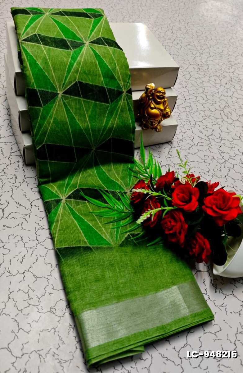 DIGITAL PRINTING LINEN COTTON SAREES - GREEN