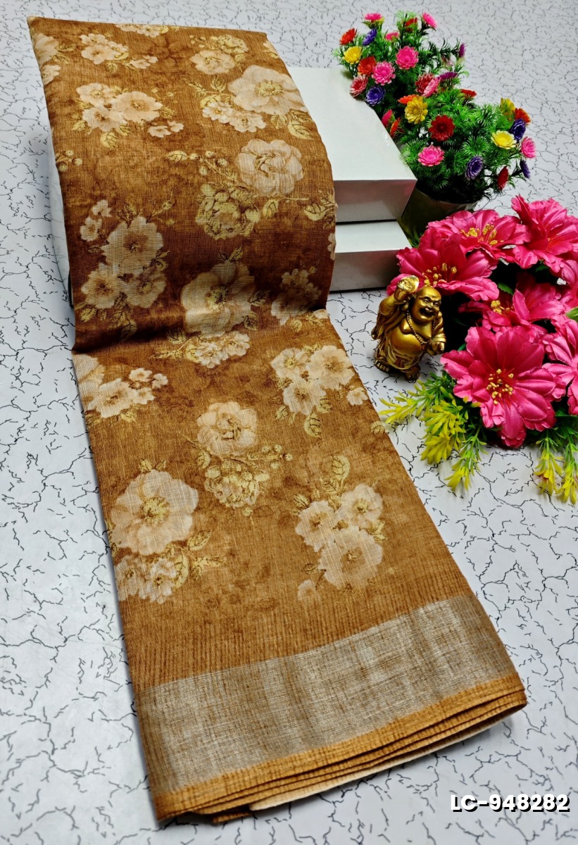 DIGITAL PRINTING LINEN COTTON SAREES - METALLIC GOLD