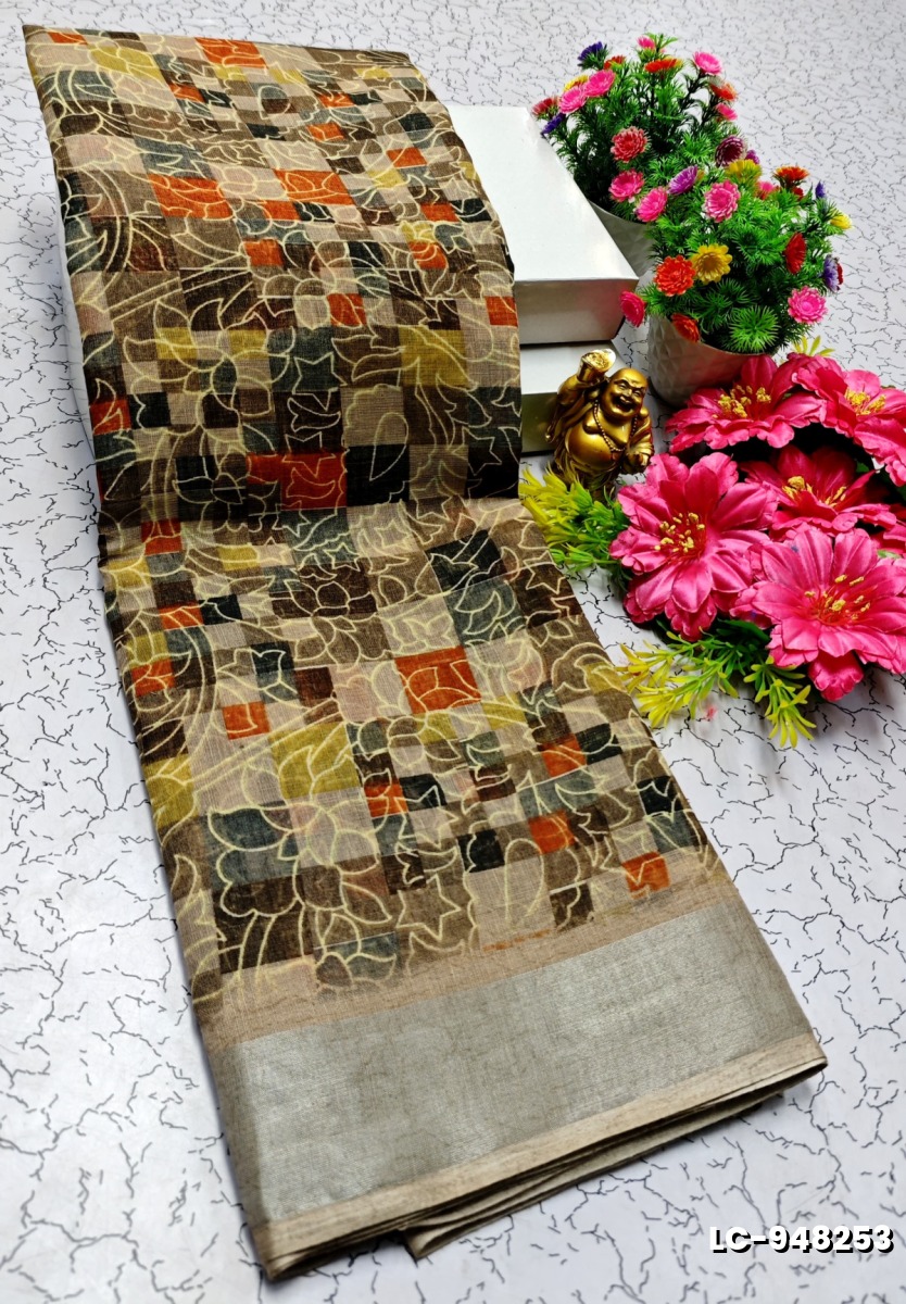 DIGITAL PRINTING LINEN COTTON SAREES - BROWN