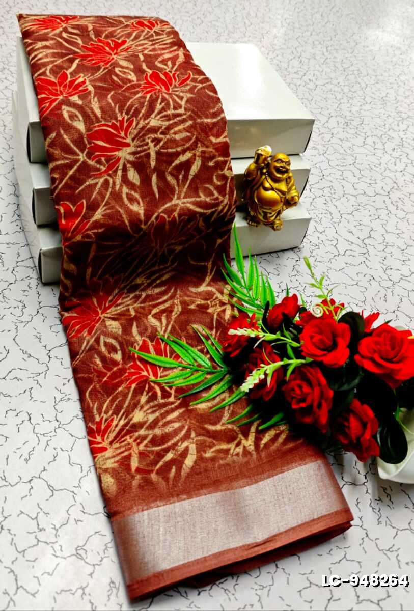 DIGITAL PRINTING LINEN COTTON SAREES - BROWN COLOUR