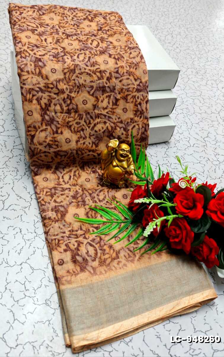 DIGITAL PRINTING LINEN COTTON SAREES - CREAM COLOR
