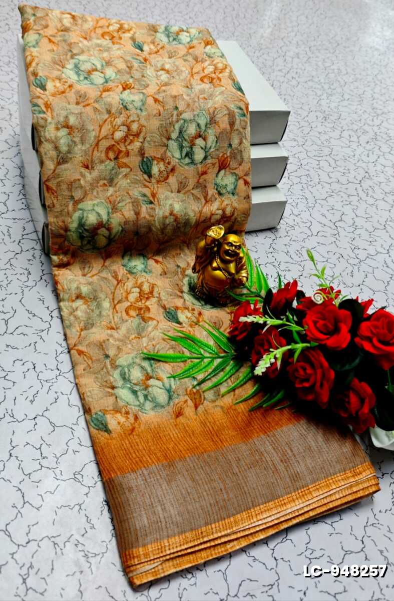 DIGITAL PRINTING LINEN COTTON SAREES - LIGHT ORANGE