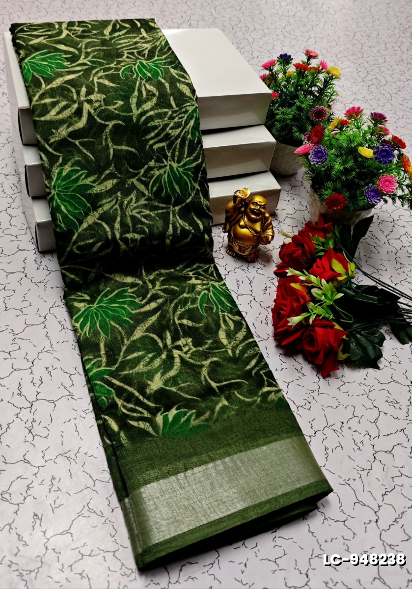 DIGITAL PRINTING LINEN COTTON SAREES - DARK GREEN