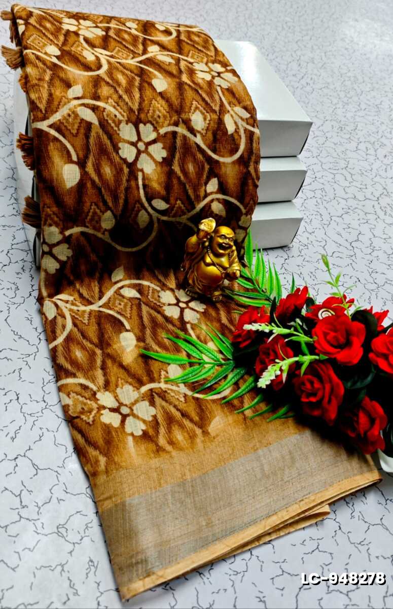 DIGITAL PRINTING LINEN COTTON SAREES - BRONCE COLOUR