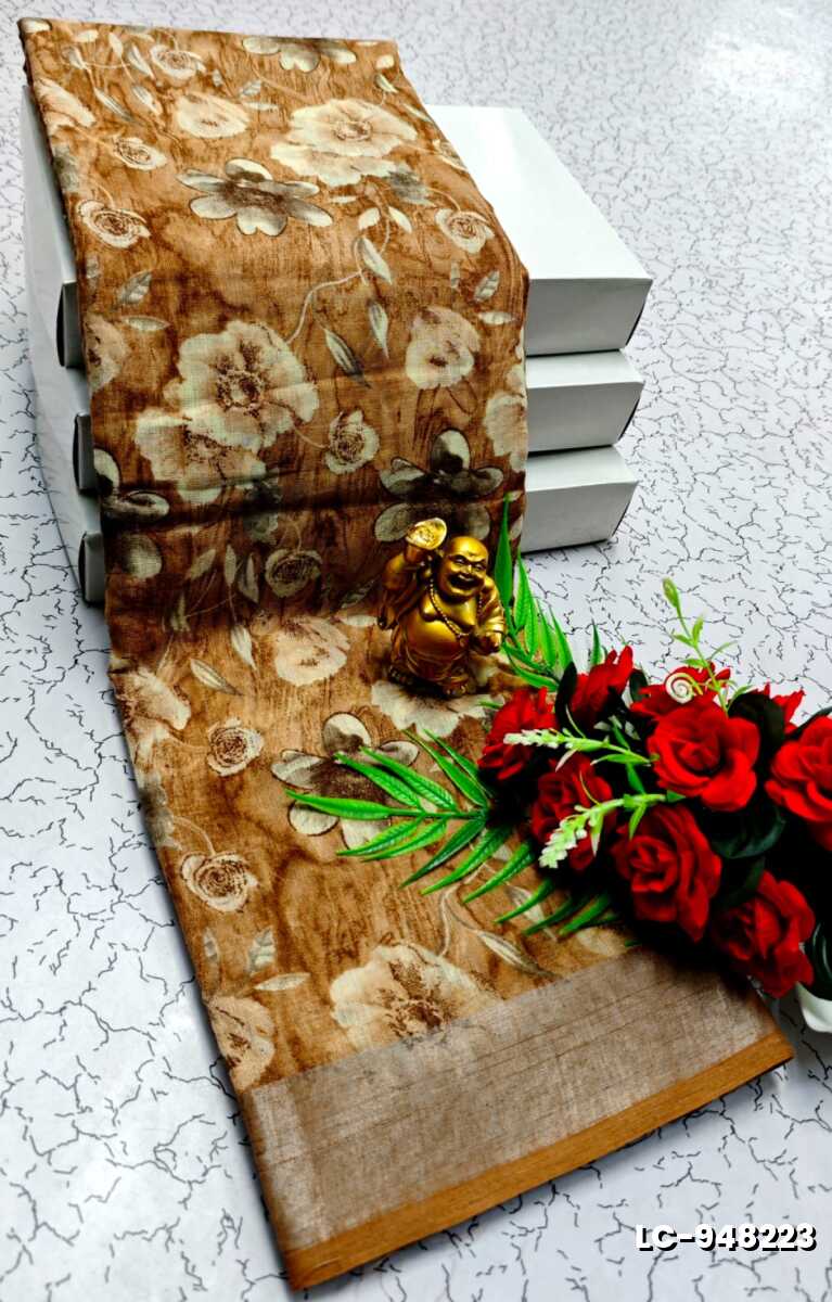 DIGITAL PRINTING LINEN COTTON SAREES - LIGHT SANDLE