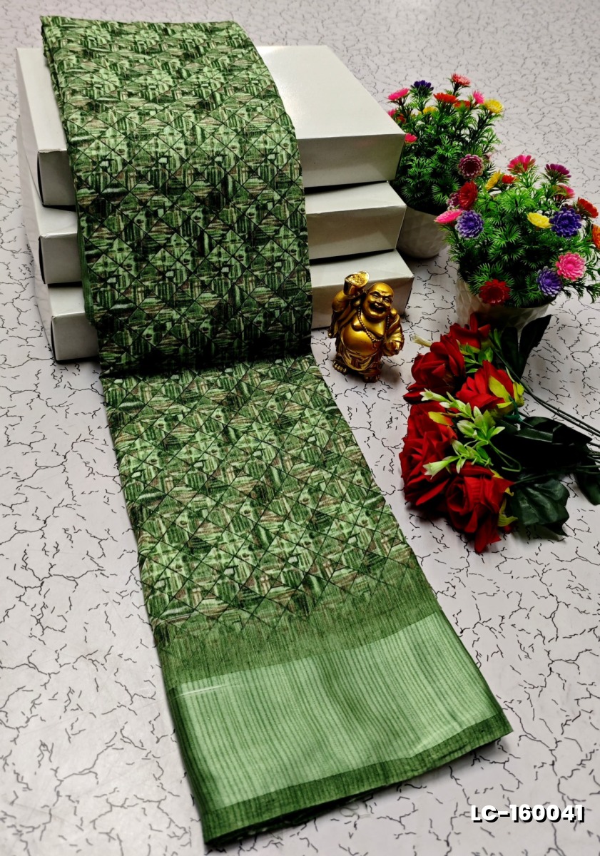 DIGITAL PRINTING LINEN COTTON SAREES - LIGHT GREEN