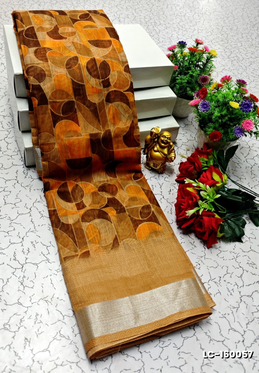DIGITAL PRINTING LINEN COTTON SAREES - LIGHT ORANGE (1)