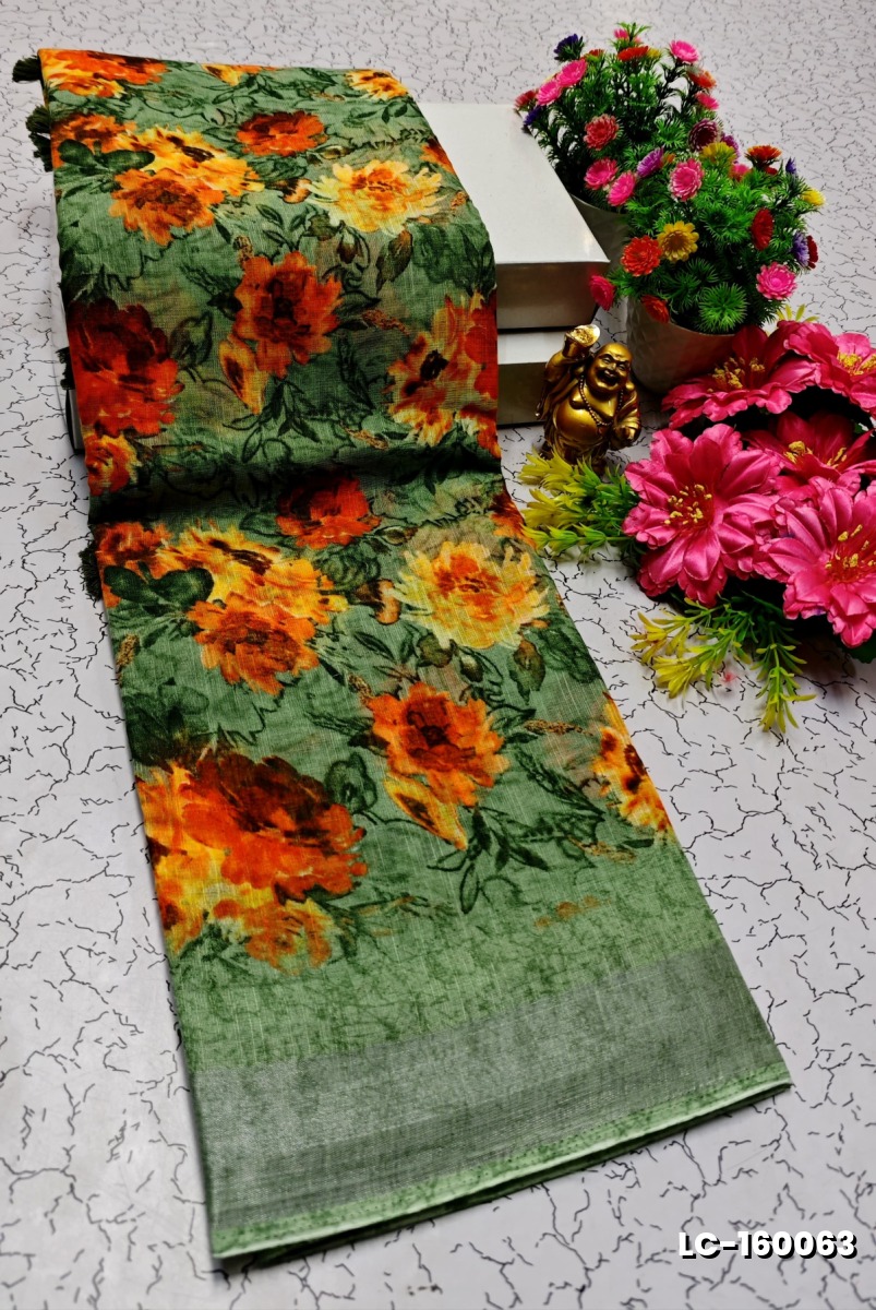 DIGITAL PRINTING LINEN COTTON SAREES - GREEN COLOUR (1)