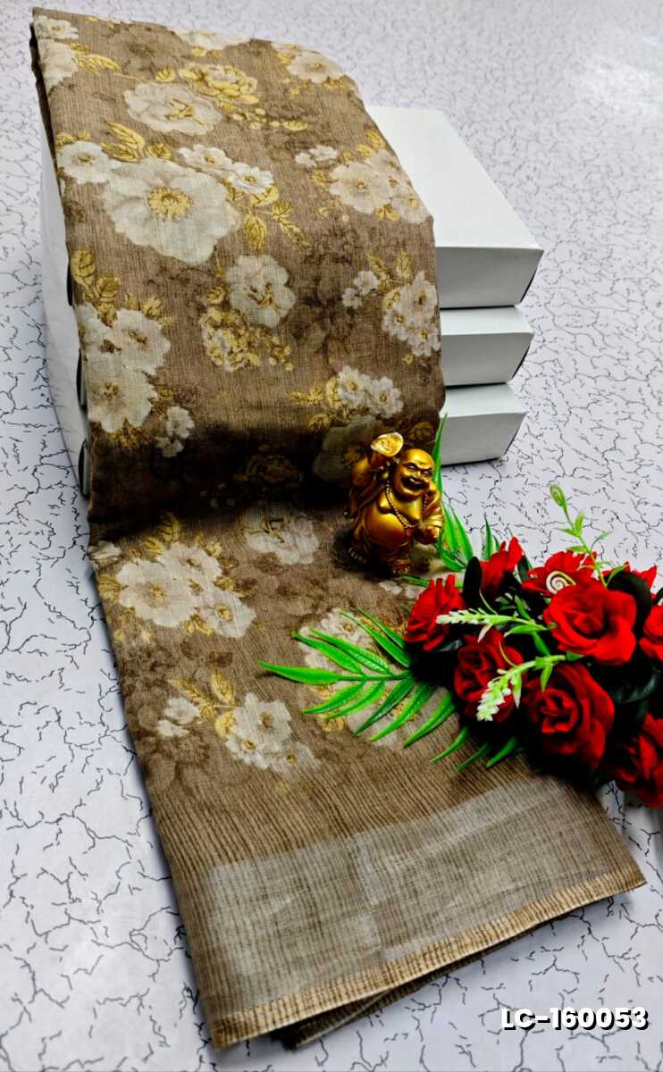 DIGITAL PRINTING LINEN COTTON SAREES - BROWN (1)