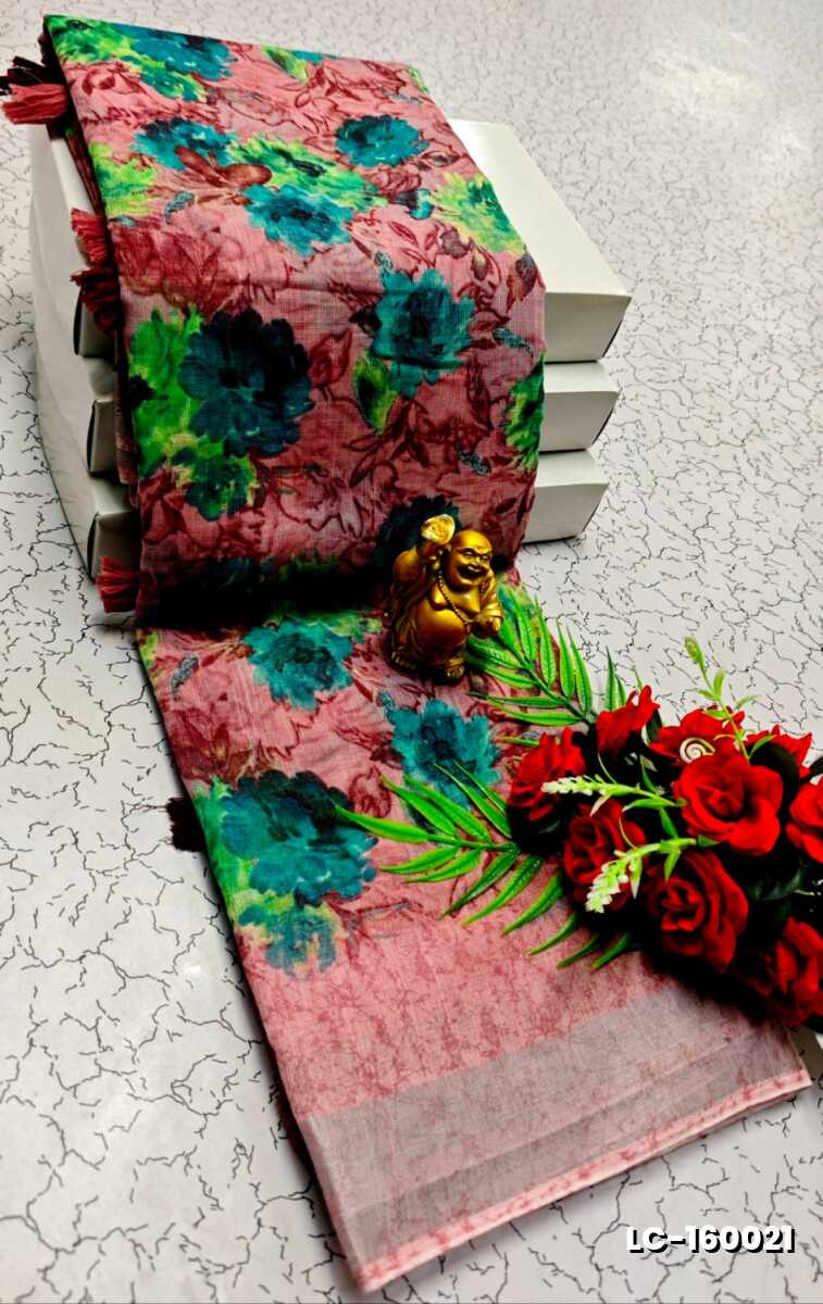 DIGITAL PRINTING LINEN COTTON SAREES - BABY PINK