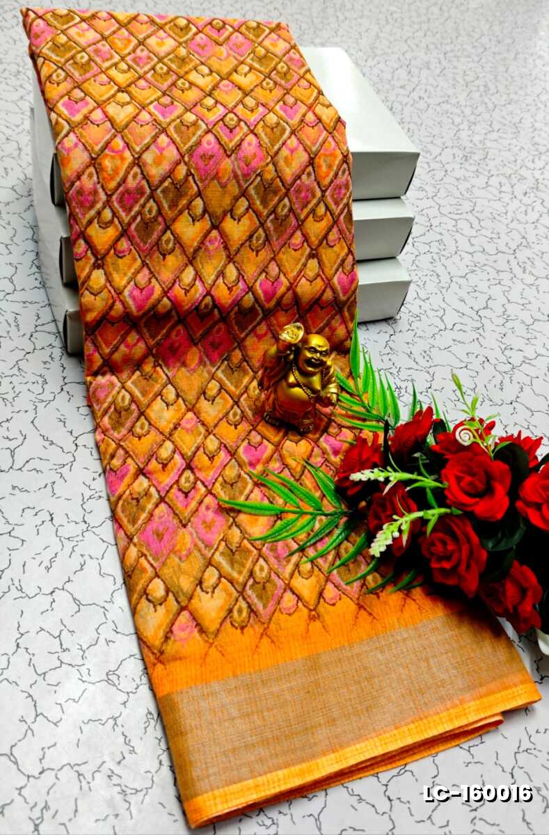 DIGITAL PRINTING LINEN COTTON SAREES - ORANGE