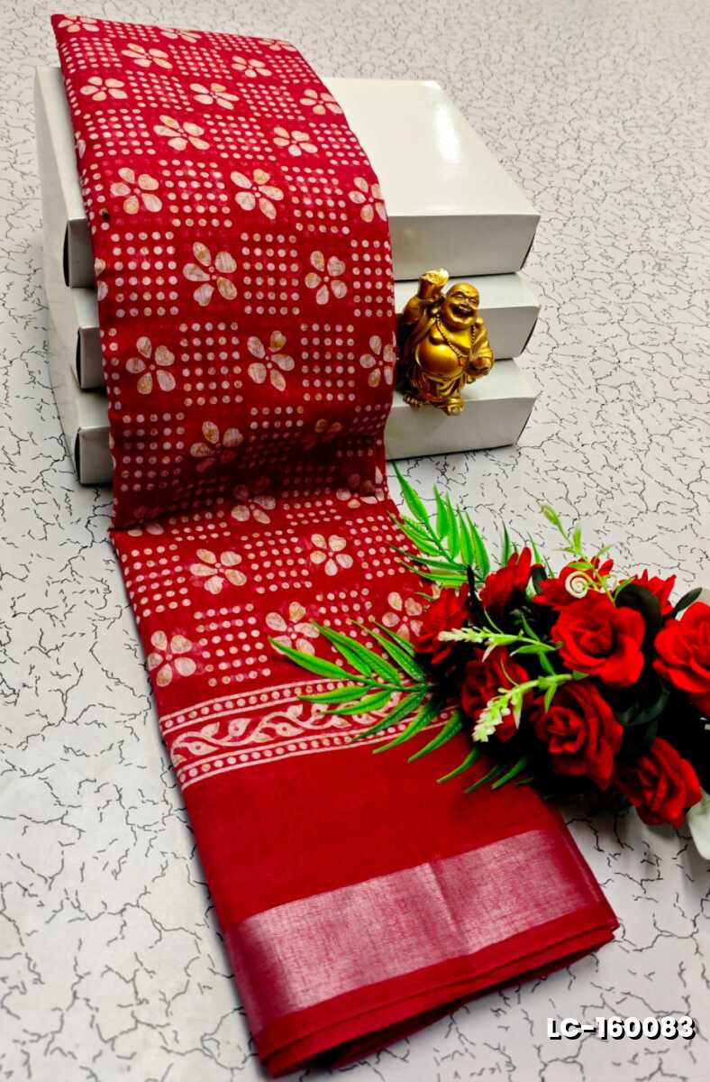 DIGITAL PRINTING LINEN COTTON SAREES - TOMATO COLOUR