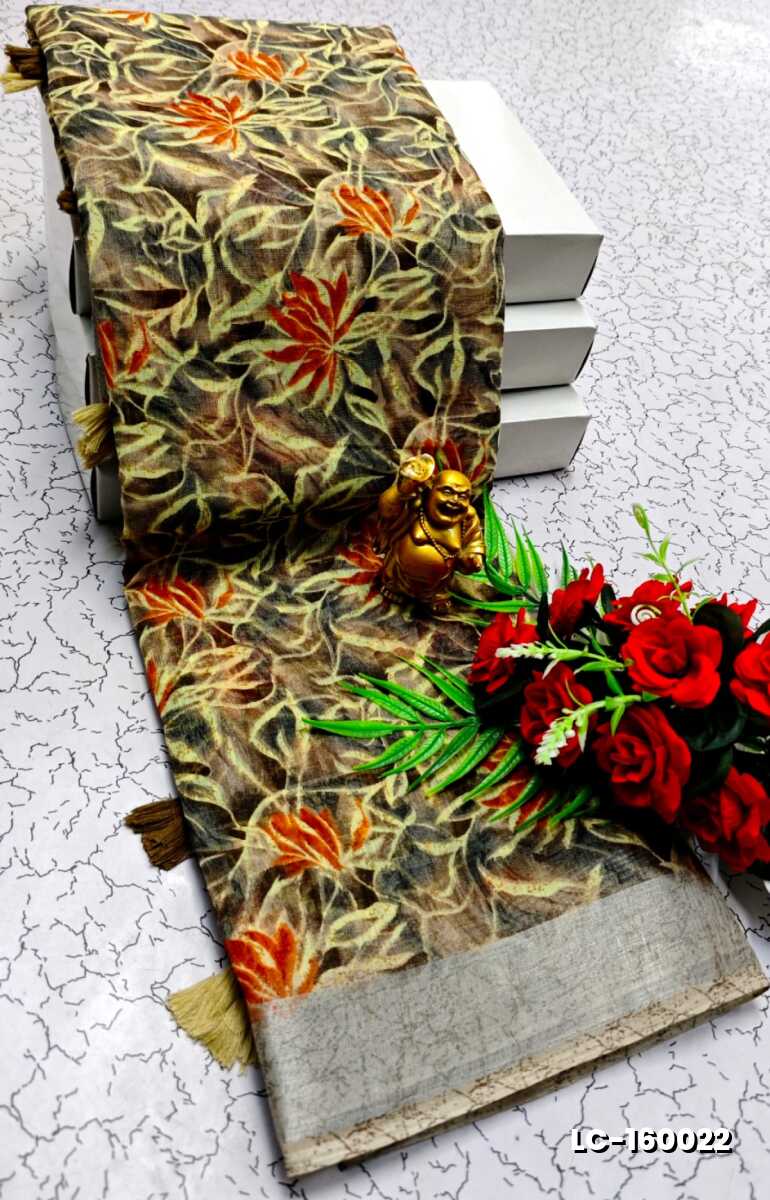 DIGITAL PRINTING LINEN COTTON SAREES - COFEE BROWN