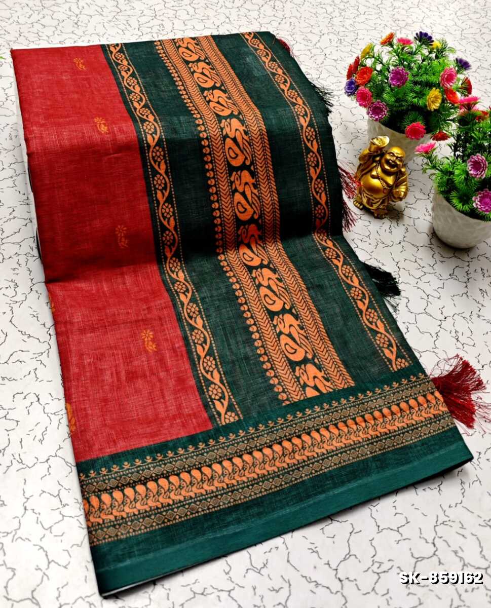DIGITAL PRINTING KALIYANI LINEN COTTON SAREES - MAROON COLOR