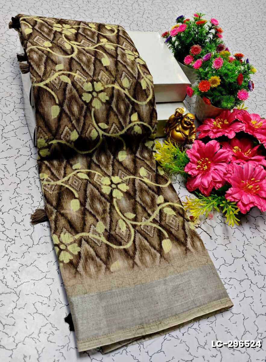 DIGITAL PRINTING LINEN COTTON SAREES - COFEE COLOR