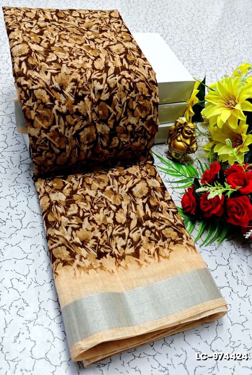 DIGITAL PRINTING LINEN COTTON SAREES - COFEE COLOR (1)