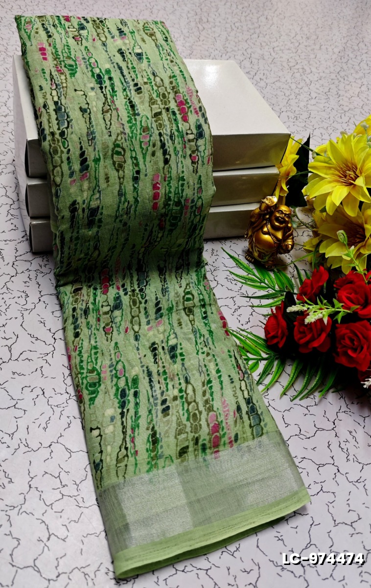 DIGITAL PRINTING LINEN COTTON SAREES - EMERALD COLOUR