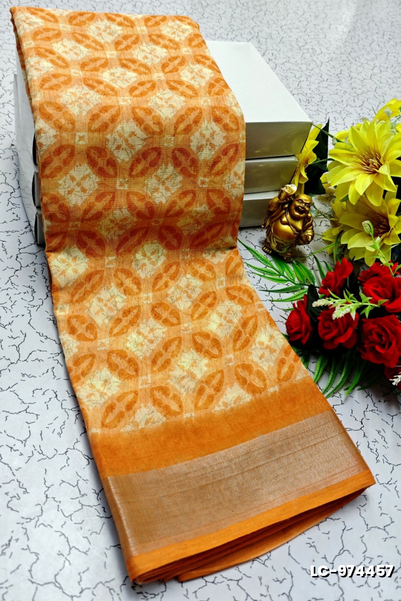 DIGITAL PRINTING LINEN COTTON SAREES - LIGHT ORANGE (2)