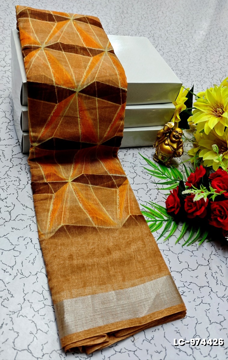DIGITAL PRINTING LINEN COTTON SAREES - ORANGE N