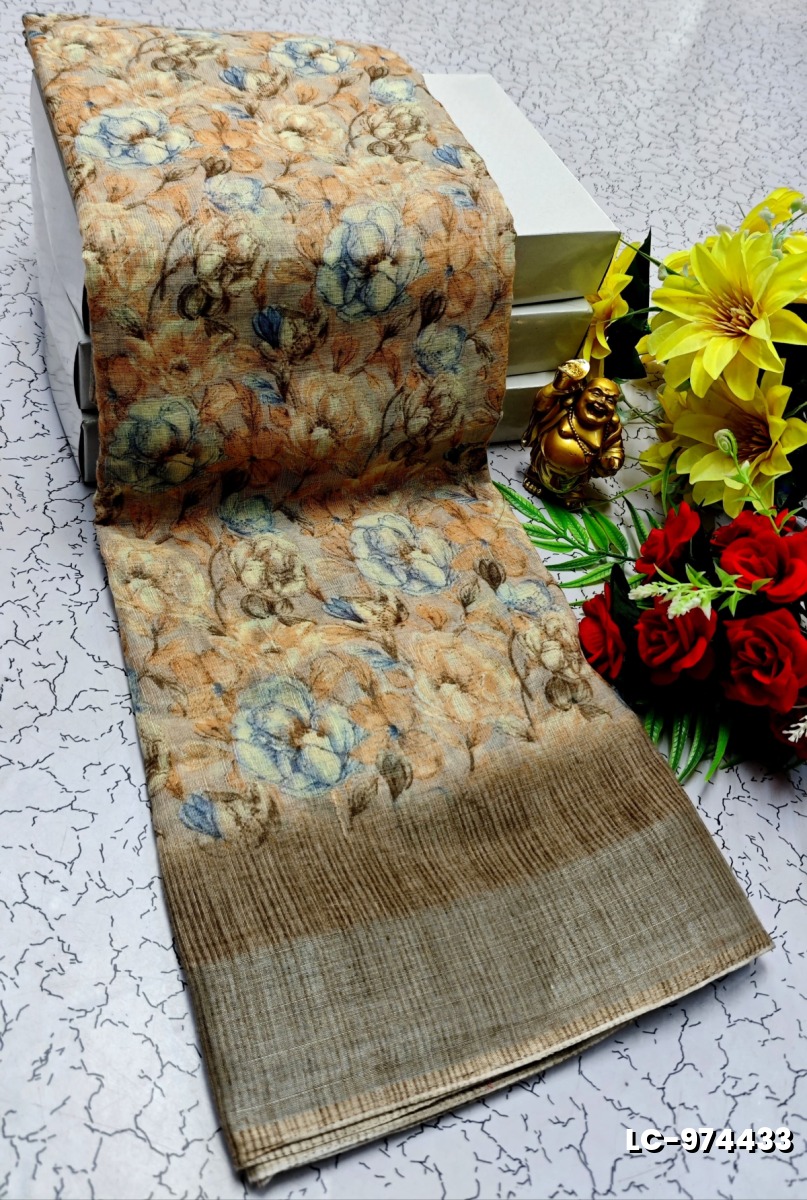 DIGITAL PRINTING LINEN COTTON SAREES - CREAM (1)