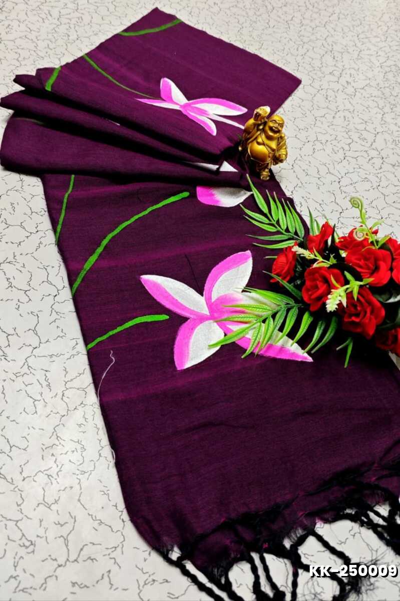 Handloom Khadi Cotton Saree With Hand Painted  Work - PURPLE COLOUR (1)