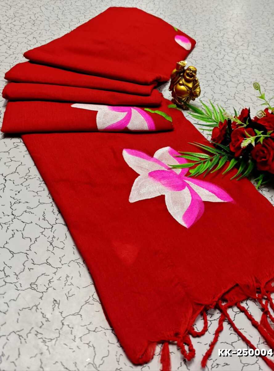 Handloom Khadi Cotton Saree With Hand Painted  Work - RED (1)