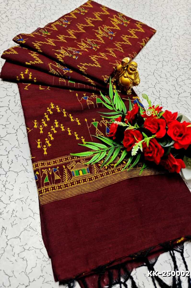 Handloom Khadi Cotton Saree With Hand Painted  Work - MERUN (1)