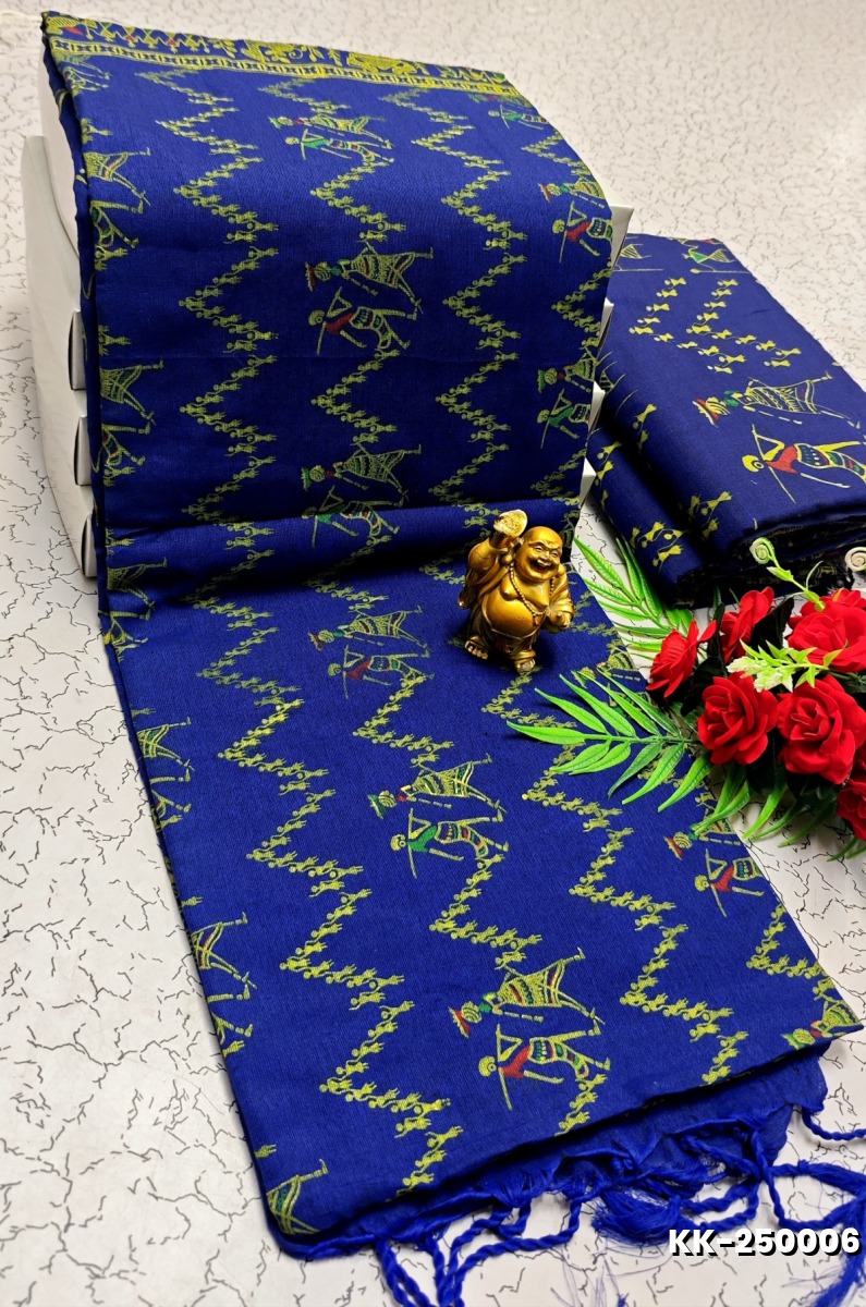 Handloom Khadi Cotton Saree With Hand Painted  Work - ROYAL BLUE (1)