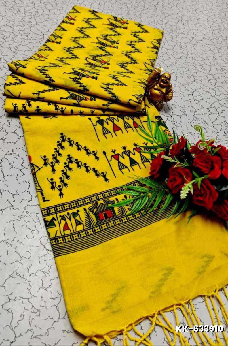 Handloom Khadi Cotton Saree With Hand Painted  Work - YELLOW (2)