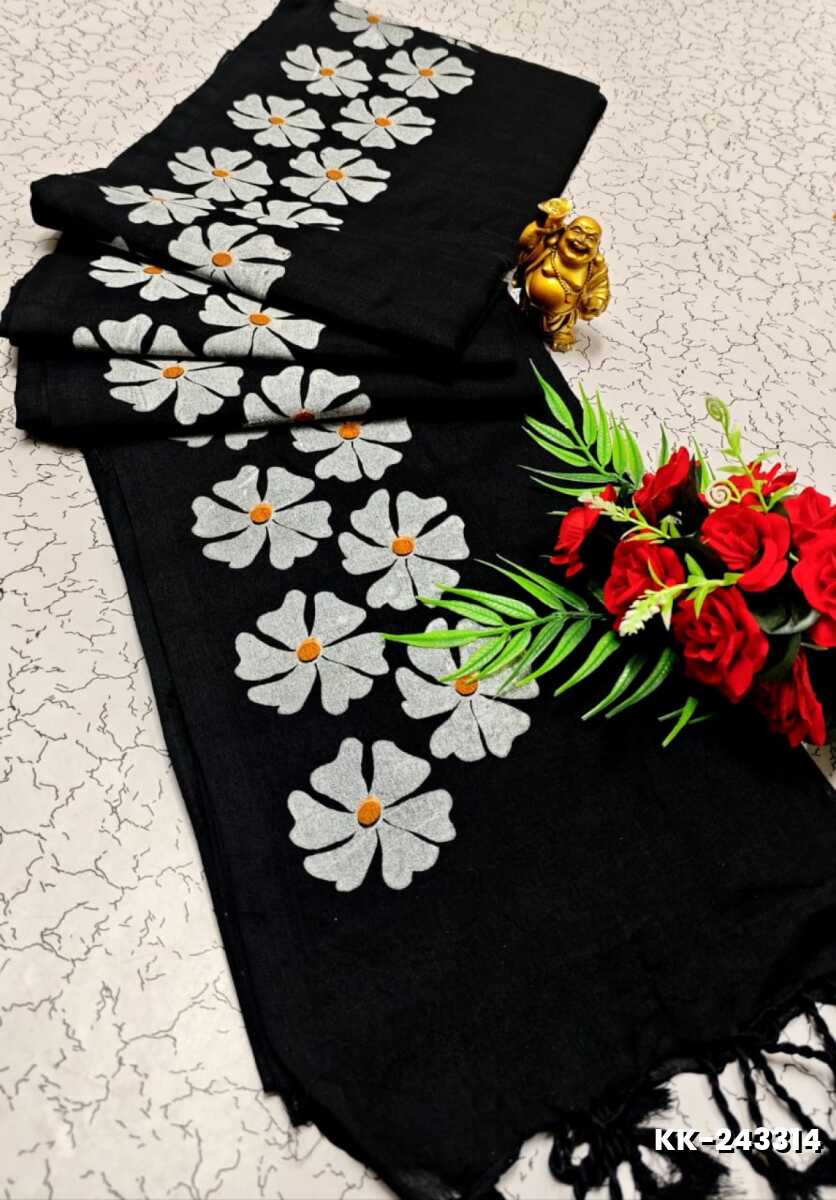 Handloom Khadi Cotton Saree With Hand Painted  Work - BLACK
